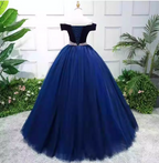 Elegant Navy Blue Off-The-Shoulder Velvet Tulle Ball Gown Evening Dress Sweet 16 Dress