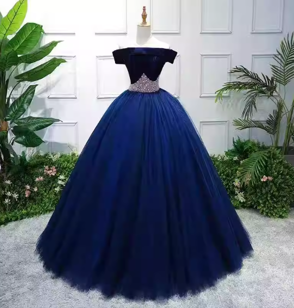 Elegant Navy Blue Off-The-Shoulder Velvet Tulle Ball Gown Evening Dress Sweet 16 Dress
