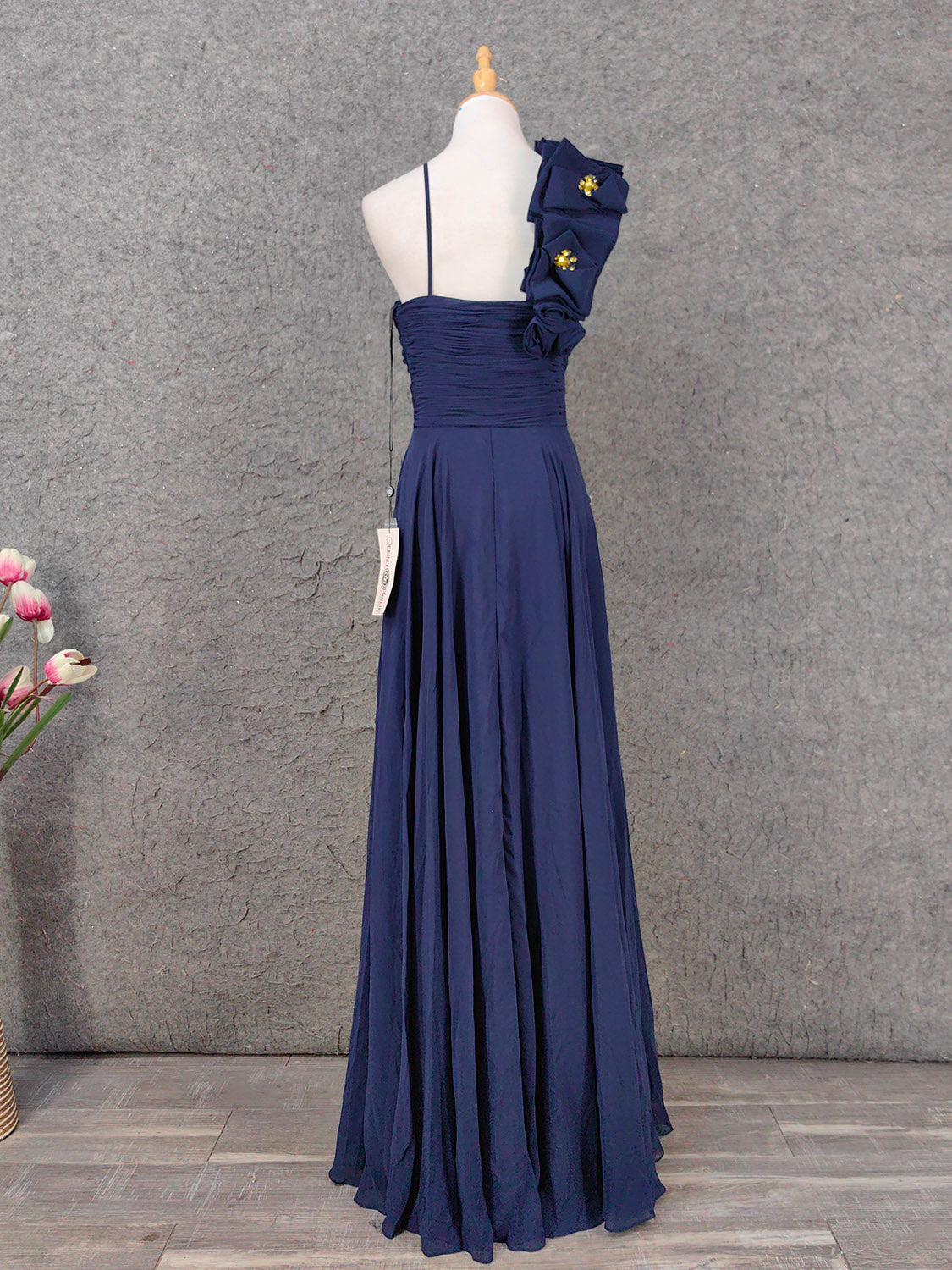 Elegant Navy Blue One-Shoulder 3D Floral Chiffon Long Prom Dress Evening Dress