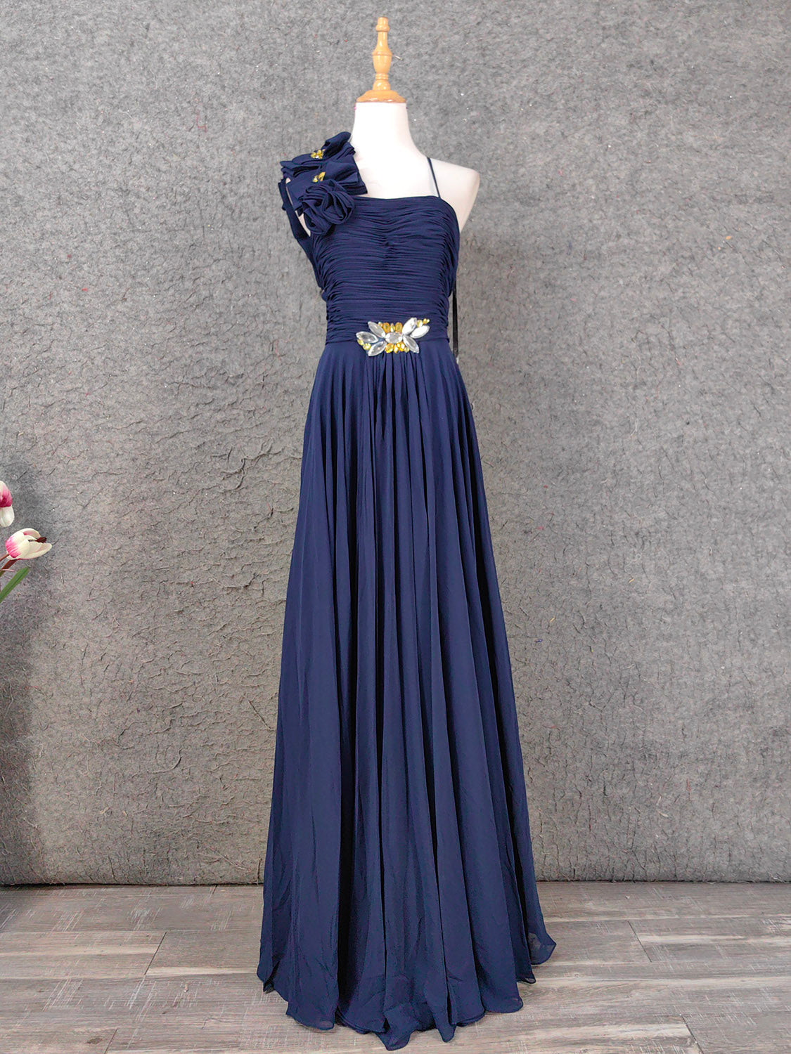 Elegant Navy Blue One-Shoulder 3D Floral Chiffon Long Prom Dress Evening Dress Main image