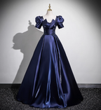 Elegant Navy Blue Puff Sleeve Satin Long Ball Gown Evening Dress Sweet 16 Dress