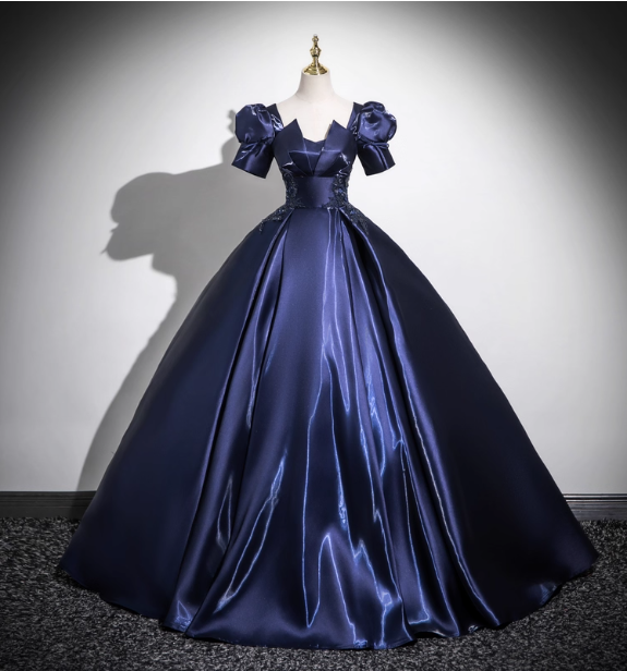 Elegant Navy Blue Puff Sleeve Satin Long Ball Gown Evening Dress Sweet 16 Dress Main image