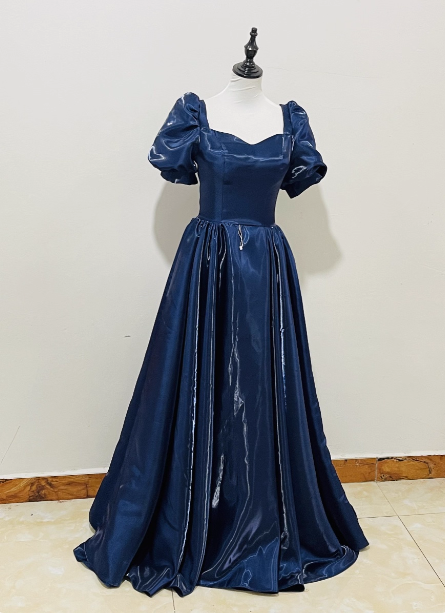Elegant Navy Blue Puffed Short Sleeve Satin Long Prom Dress Evening Dress Main image