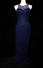 Elegant Navy Blue Sleeveless Cutout Halter Mermaid Bead Embroidered Lace Prom Dress Evening Dress
