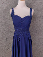 Elegant Navy Blue Spaghetti Strap Lace Ruffled Chiffon Long Prom Dress Evening Dress