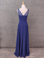 Elegant Navy Blue Spaghetti Strap Lace Ruffled Chiffon Long Prom Dress Evening Dress