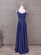 Elegant Navy Blue Spaghetti Strap Lace Ruffled Chiffon Long Prom Dress Evening Dress