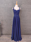 Elegant Navy Blue Spaghetti Strap Lace Ruffled Chiffon Long Prom Dress Evening Dress