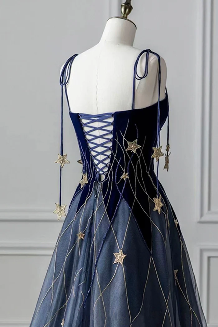 Elegant Navy Blue Spaghetti Strap Long Prom Dress With Star