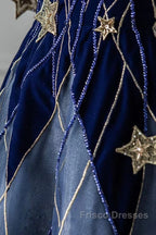 Elegant Navy Blue Spaghetti Strap Long Formal Prom Dress With Star