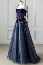 Elegant Navy Blue Spaghetti Strap Long Prom Dress With Star