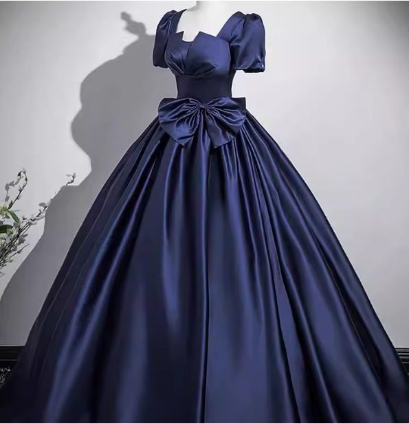 Elegant Navy Blue Square Neck Puff Sleeve Bow Satin Long Prom Dress Evening Dress