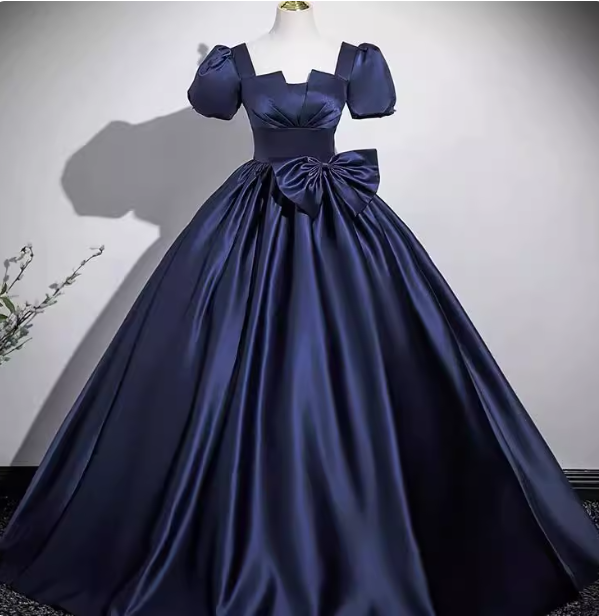 Elegant Navy Blue Square Neck Puff Sleeve Bow Satin Long Prom Dress Evening Dress