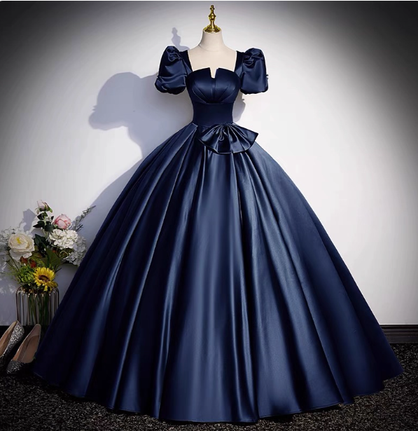 Elegant Navy Blue Square Neck Puff Sleeve Bow Satin Long Prom Dress Evening Dress Main image