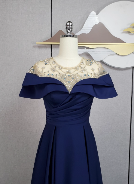 Elegant Navy Blue Train Beaded Satin Prom Dress Evening Dress Secondary image