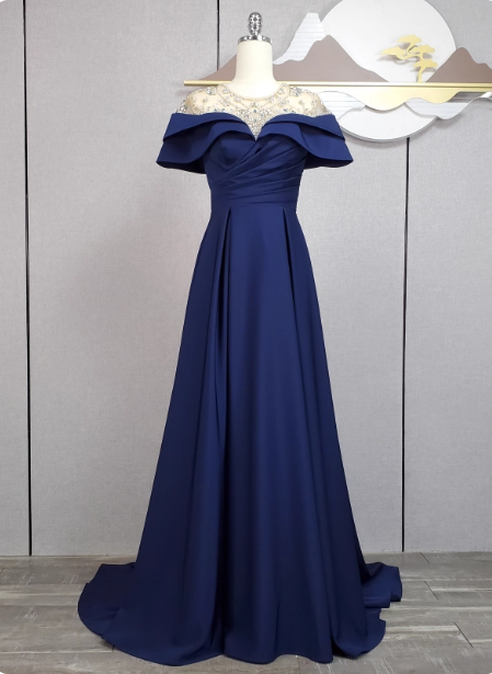 Elegant Navy Blue Train Beaded Satin Prom Dress Evening Dress Main image