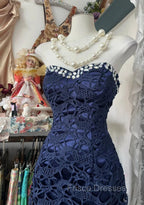 Elegant Navy Mermaid Strapless Formal Prom Dress Backless Chiffon Birthday Evening Dress