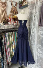 Elegant Navy Mermaid Strapless Formal Prom Dress Backless Chiffon Birthday Evening Dress
