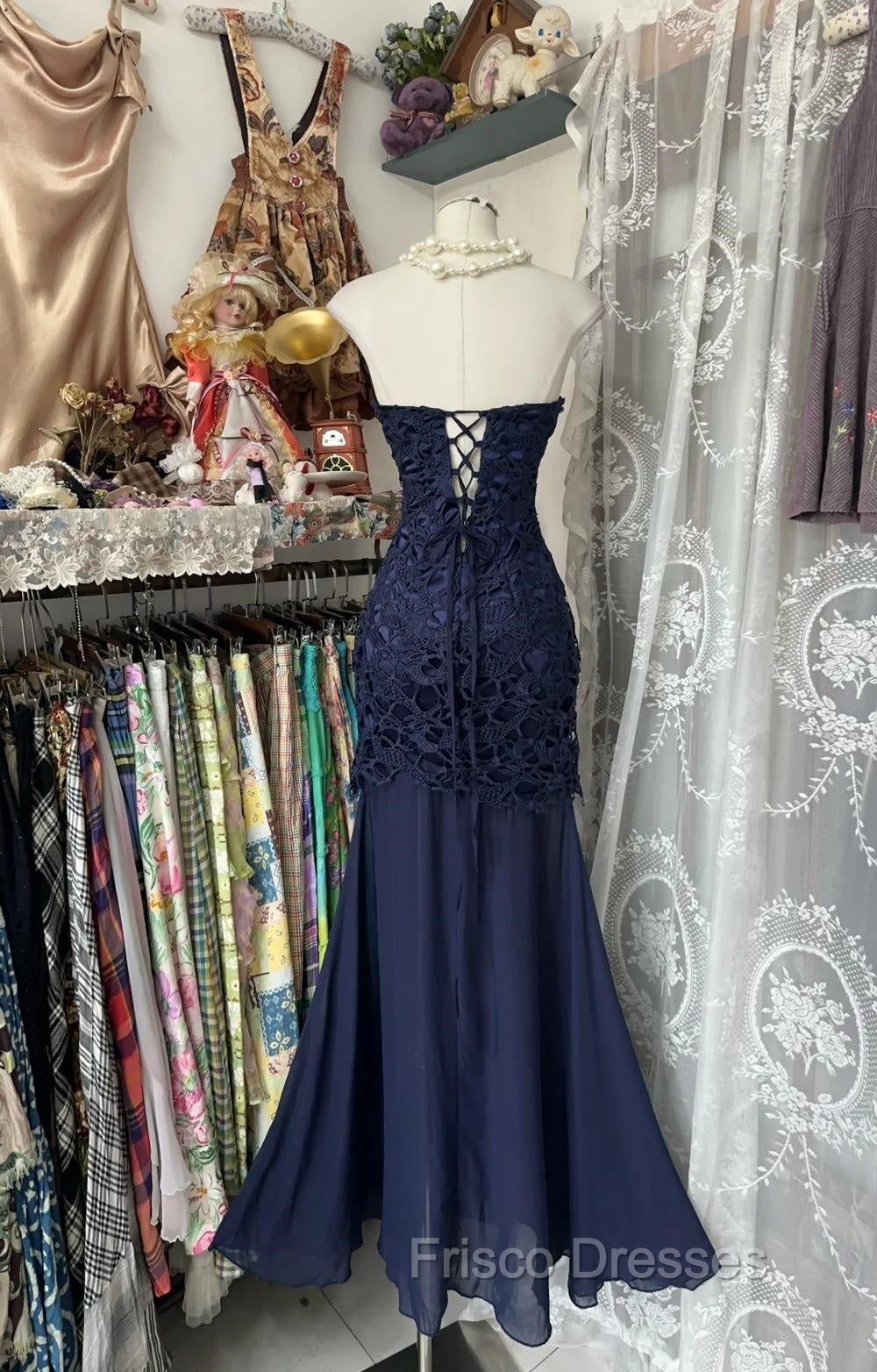 Elegant Navy Mermaid Strapless Formal Prom Dress Backless Chiffon Birthday Evening Dress