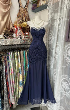 Elegant Navy Mermaid Strapless Formal Prom Dress Backless Chiffon Birthday Evening Dress