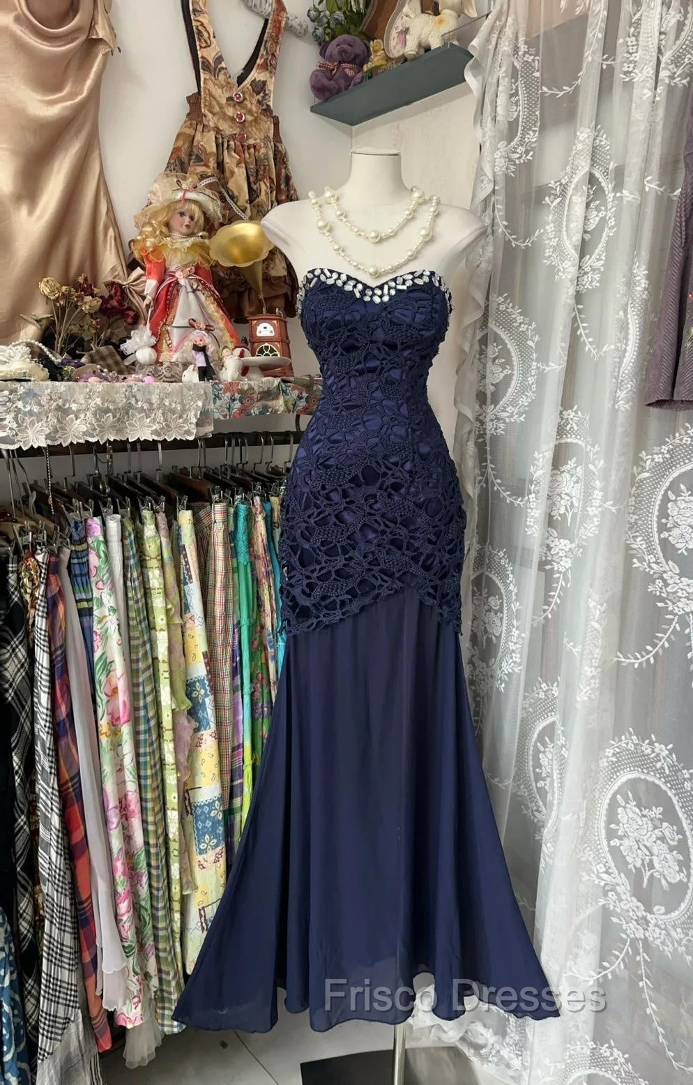 Elegant Navy Mermaid Strapless Formal Prom Dress Backless Chiffon Birthday Evening Dress