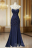 Elegant Navy Mermaid Strapless Formal Prom Dress Backless Chiffon Birthday Evening Dress