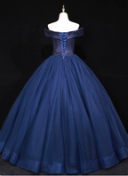 Elegant Navy Blue Off-The-Shoulder Beaded Satin Tulle Long Prom Dress Evening Dress