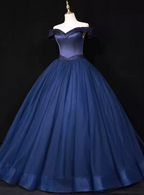 Elegant Navy Blue Off-The-Shoulder Beaded Satin Tulle Long Prom Dress Evening Dress