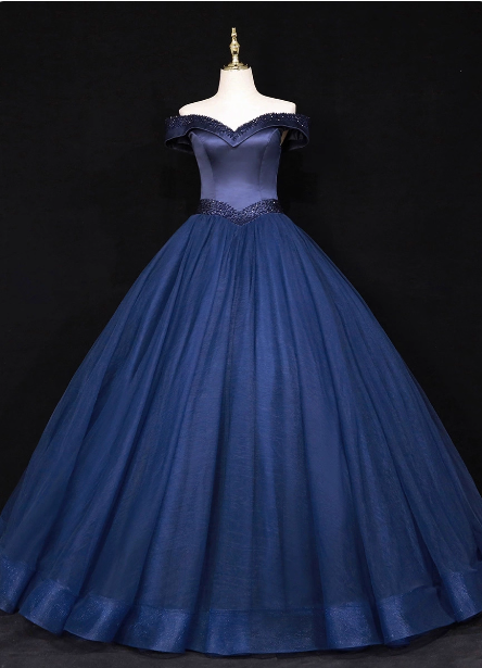 Elegant Navy Blue Off-The-Shoulder Beaded Satin Tulle Long Prom Dress Evening Dress Main image