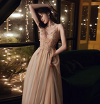 Elegant Nude Apricot A-Line Spaghetti Strap V-Neck Beaded Tulle Long Prom Dress Evening Dress