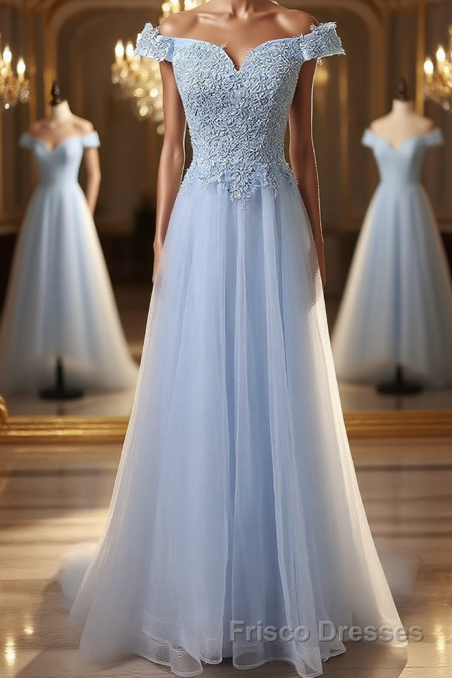 Elegant Off Shoulder Long Sky Blue Lace Formal Prom Dresses, Off Shoulder Sky Blue Formal Dresses, Sky Blue Lace Evening Dresses Main image
