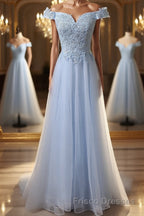 Elegant Off Shoulder Long Sky Blue Lace Formal Prom Dresses, Off Shoulder Sky Blue Formal Dresses, Sky Blue Lace Evening Dresses