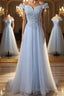 Elegant Off Shoulder Long Sky Blue Lace Formal Prom Dresses, Off Shoulder Sky Blue Formal Dresses, Sky Blue Lace Evening Dresses