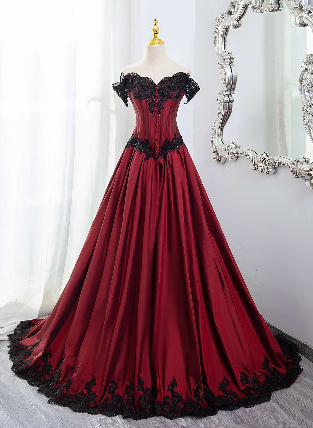 Elegant Off Shoulder Wine Red Prom Dress With Black Lace, Wine Red Evening Dress Main image