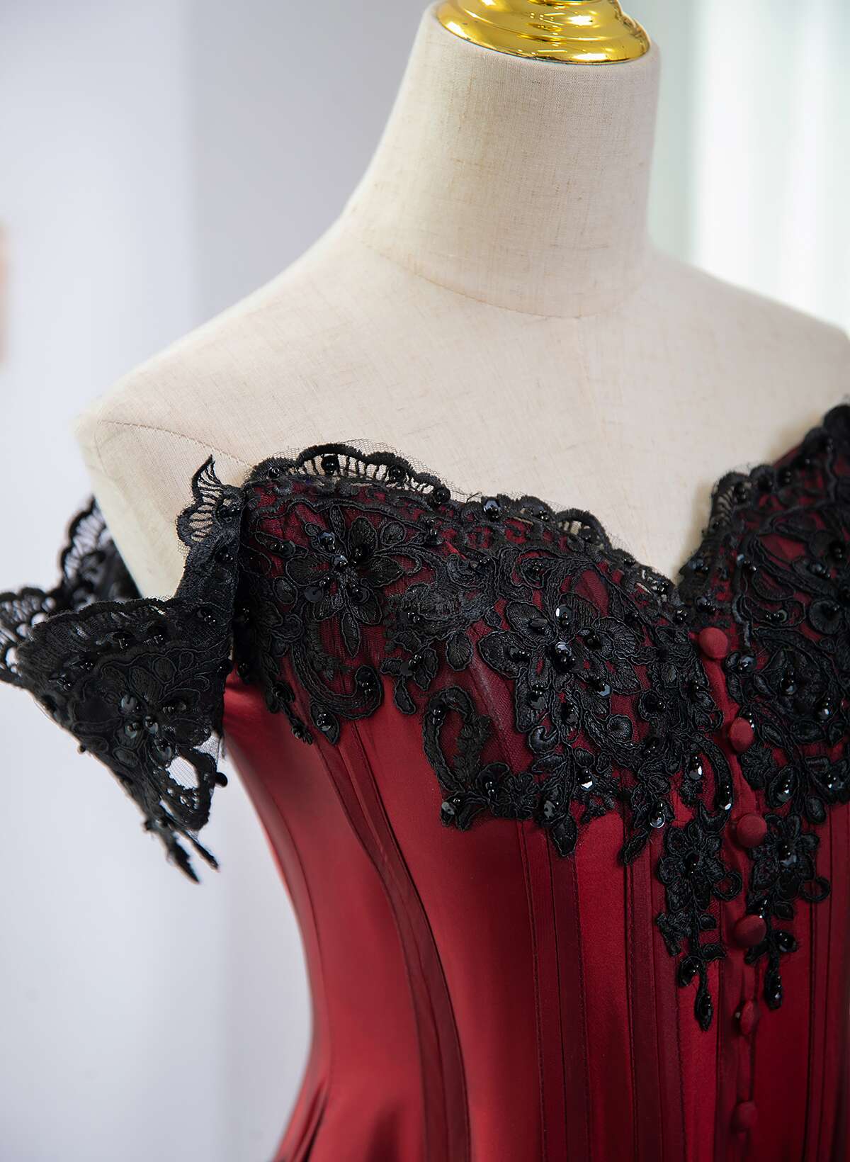 Elegant Off Shoulder Wine Red Prom Dress With Black Lace, Wine Red Evening Dress Secondary image