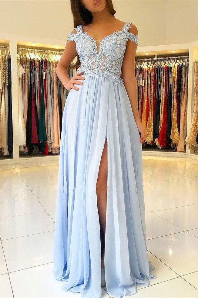 Elegant Off-The-Shoulder Low Back Prom Dresses With Chic High Split Ligh Sky Blue Evening Gowns With Lace Appliques Main image