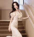 Elegant Off-White Mermaid Off-The-Shoulder 3D Floral Sequined Sheer Tulle Long Prom Dress Evening Dress