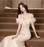 Elegant Off-White Mermaid Off-The-Shoulder 3D Floral Sequined Sheer Tulle Long Prom Dress Evening Dress