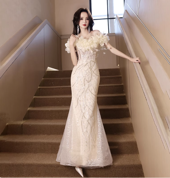 Elegant Off-White Mermaid Off-The-Shoulder 3D Floral Sequined Sheer Tulle Long Prom Dress Evening Dress Main image