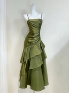 Elegant Olive Green Mermaid Ruffle Spaghetti Strap Satin Prom Dress Evening Dress