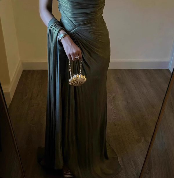Elegant Olive Green One-Shoulder Ruffled Slit Satin Long Prom Dress Evening Dress