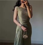 Elegant Olive Green One-Shoulder Ruffled Slit Satin Long Prom Dress Evening Dress