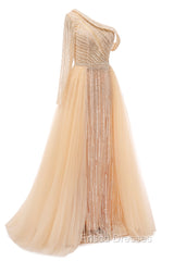 Elegant One Shoulder Beige Formal Prom Dress Sheer Beading Lace Formal Dress