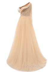 Elegant One Shoulder Beige Formal Prom Dress Sheer Beading Lace Formal Dress