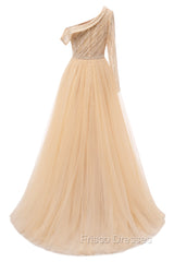 Elegant One Shoulder Beige Formal Prom Dress Sheer Beading Lace Formal Dress