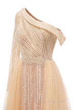 Elegant One Shoulder Beige Formal Prom Dress Sheer Beading Lace Formal Dress