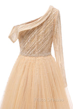 Elegant One Shoulder Beige Formal Prom Dress Sheer Beading Lace Formal Dress