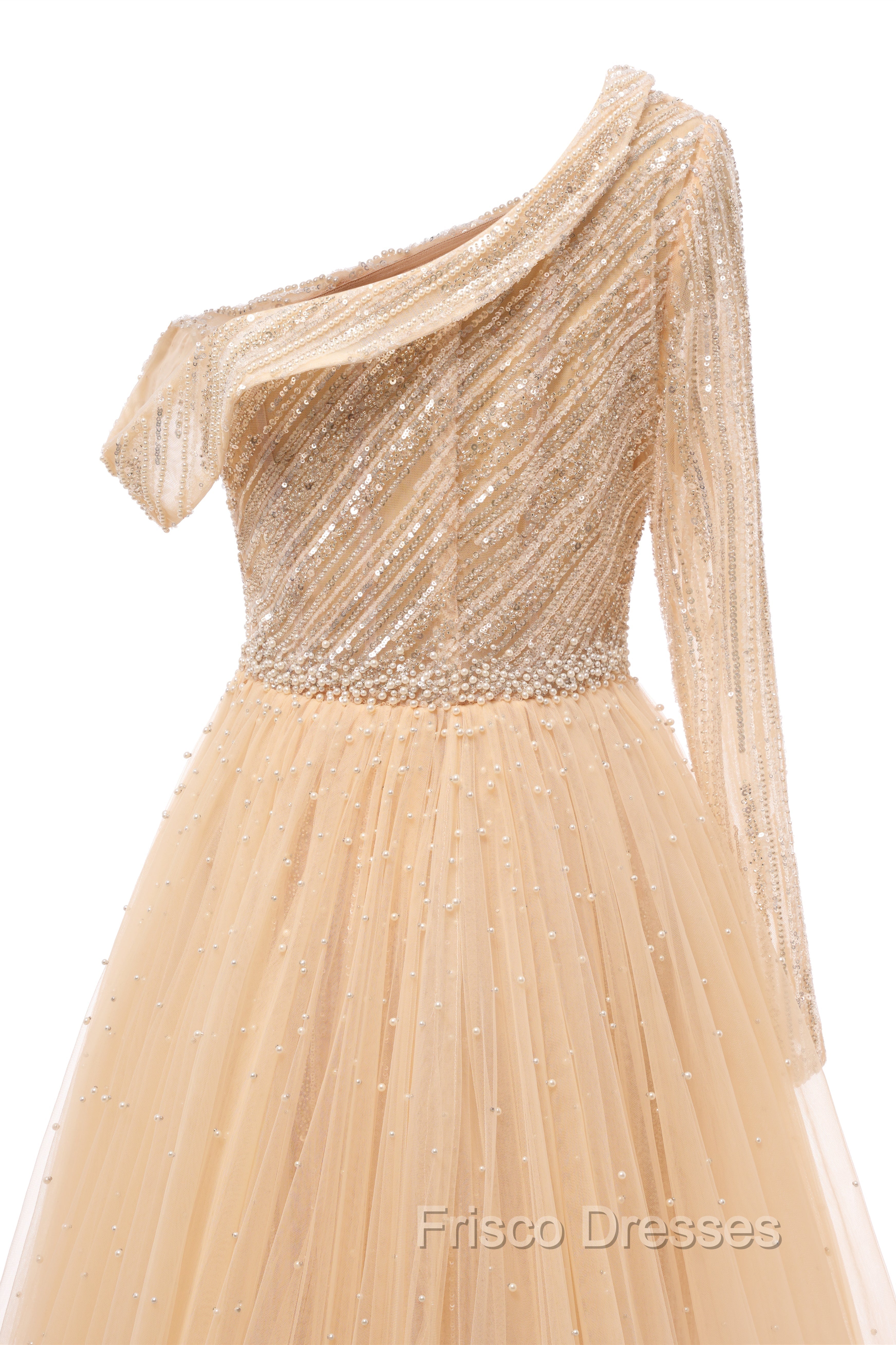 Elegant One Shoulder Beige Formal Prom Dress Sheer Beading Lace Formal Dress