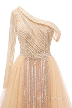 Elegant One Shoulder Beige Formal Prom Dress Sheer Beading Lace Formal Dress