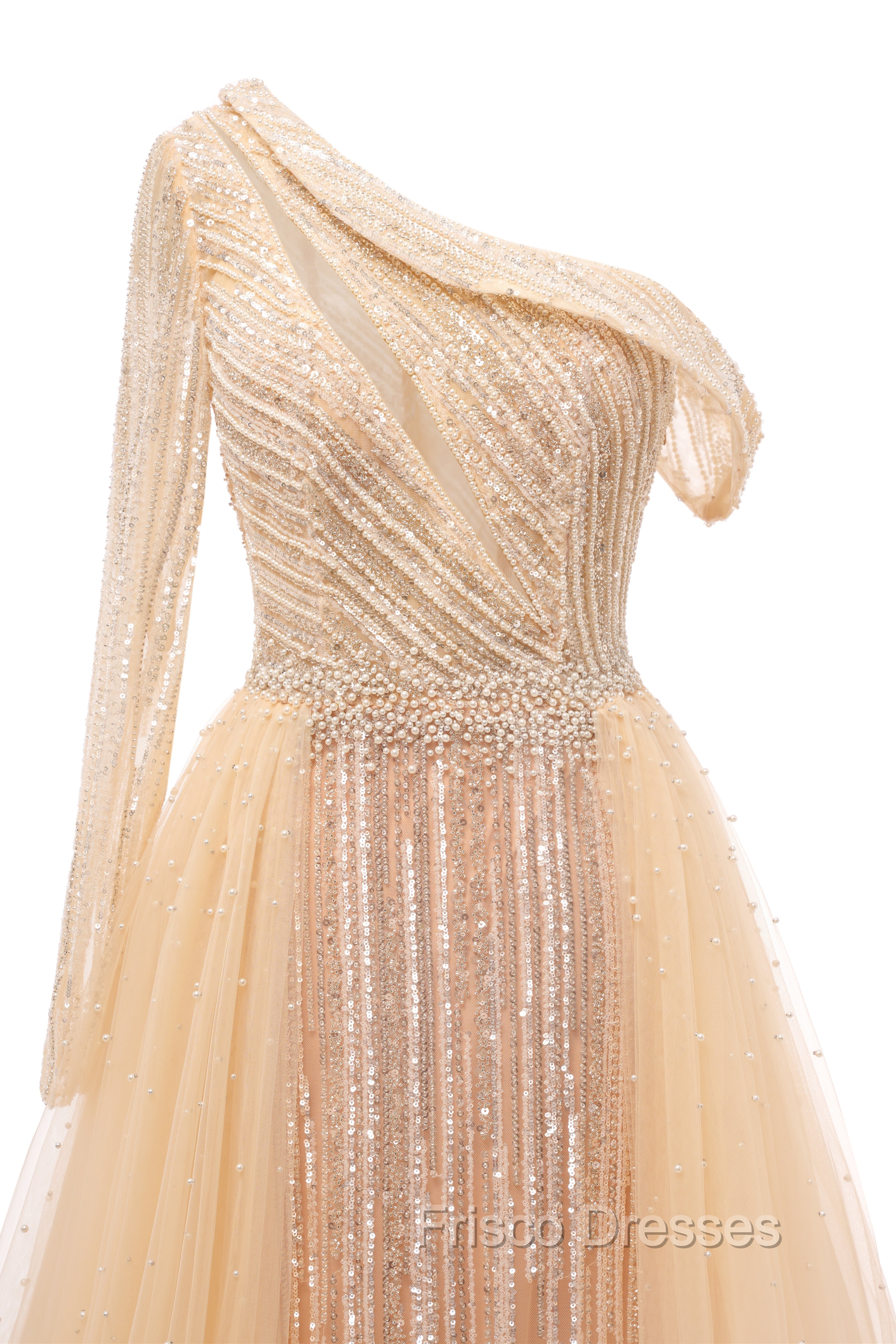 Elegant One Shoulder Beige Formal Prom Dress Sheer Beading Lace Formal Dress